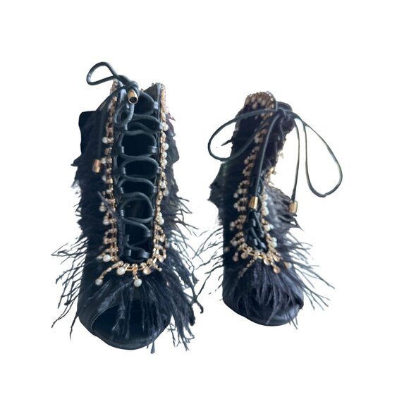 Jubilee Black Ankle Boots Peep Toe Feathers Rhinestone Lace Pearl Showgirl 7.5 - Picture 3 of 11